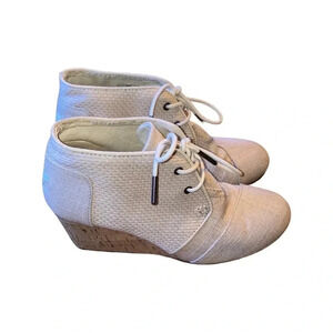 Toms Desert Lace up Cork Wedge Booties Linen Size 7.5